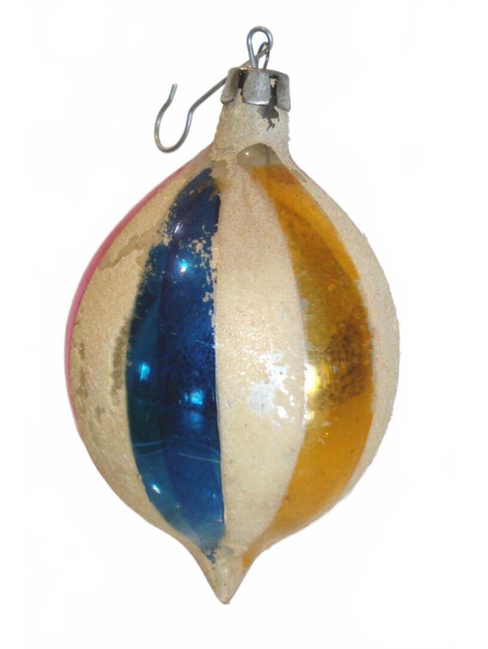 Vintage Jumbo 5 inch Glass Mica Blue, Pink and Yellow Poland Christmas Ornament